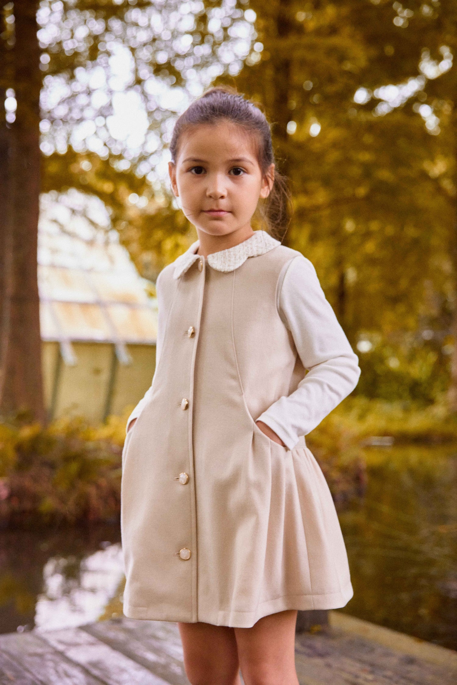 Luxury | 女童 蝴蝶花瓣領開襟背心裙 | 抽皺