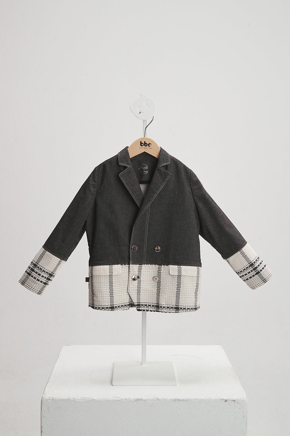 訂製 Luxury | 男童 bbc 潮流小紳士雙排釦西裝外套 | 拼接 格紋 西裝領