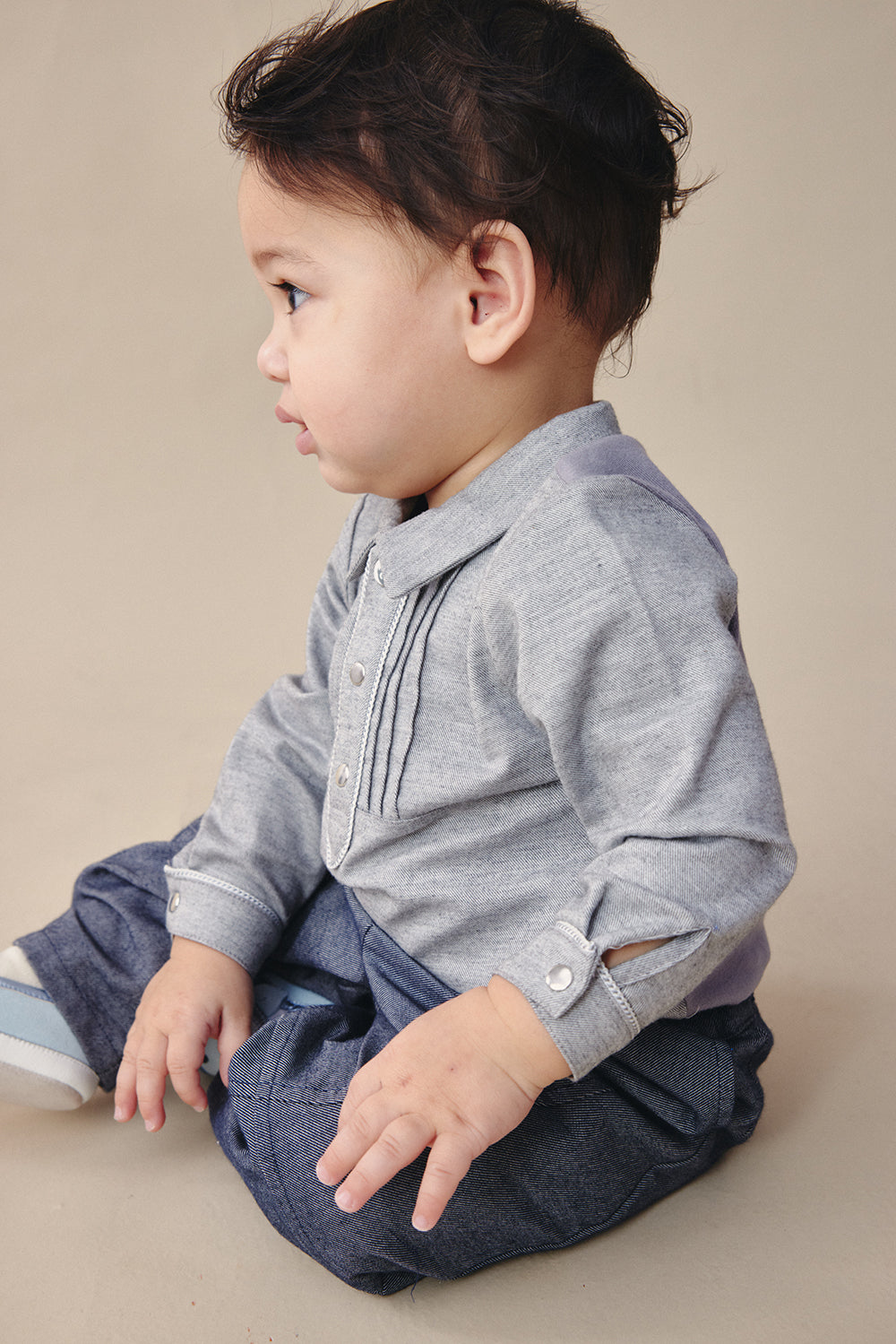 【預購】Main | 幼兒 Monsieur小紳士包屁衣 | 長袖細摺 拼接  | 100%有機棉