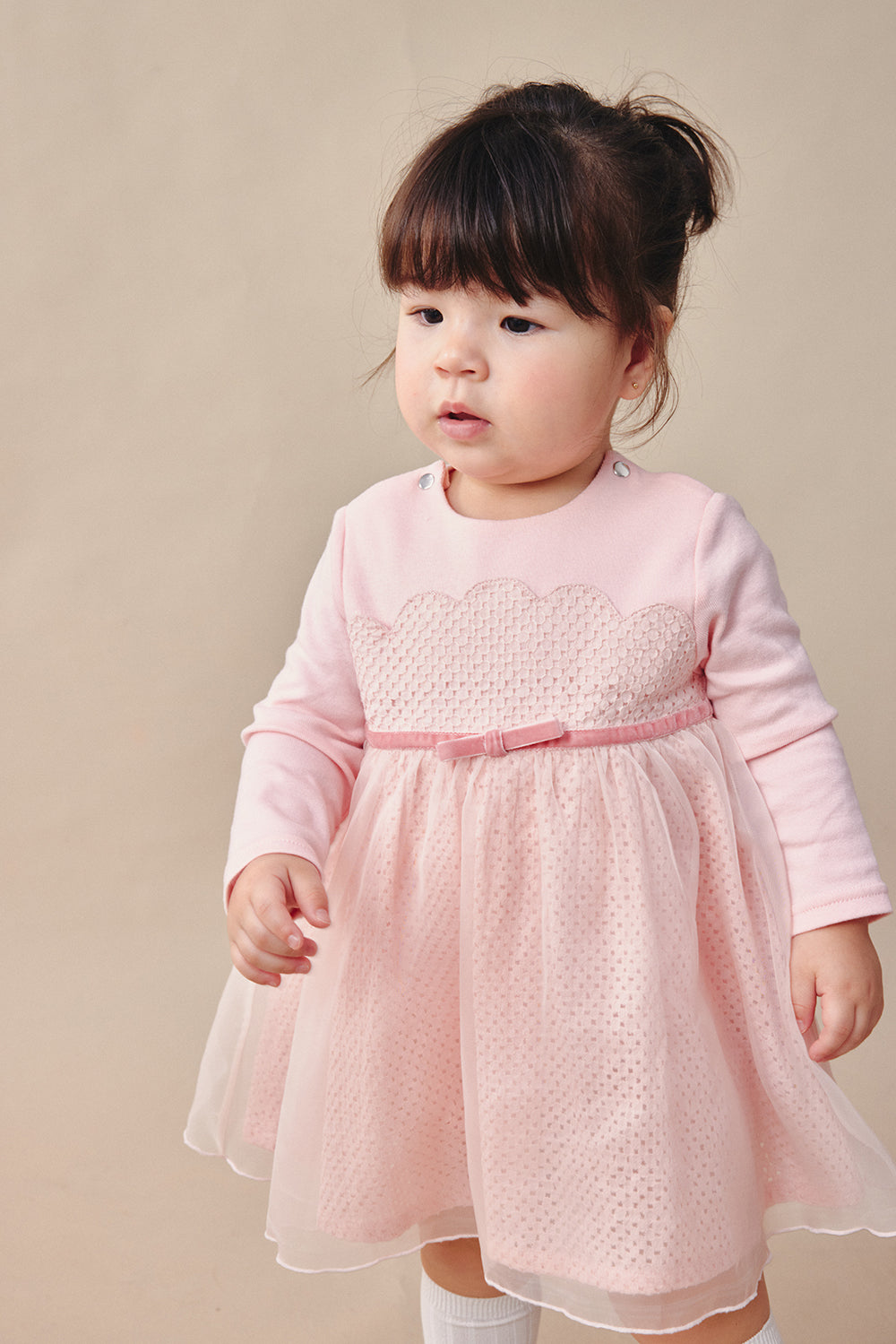 Luxury | 幼兒 Tulle Tale包屁洋裝 | 長袖花瓣 蝴蝶結 多層次