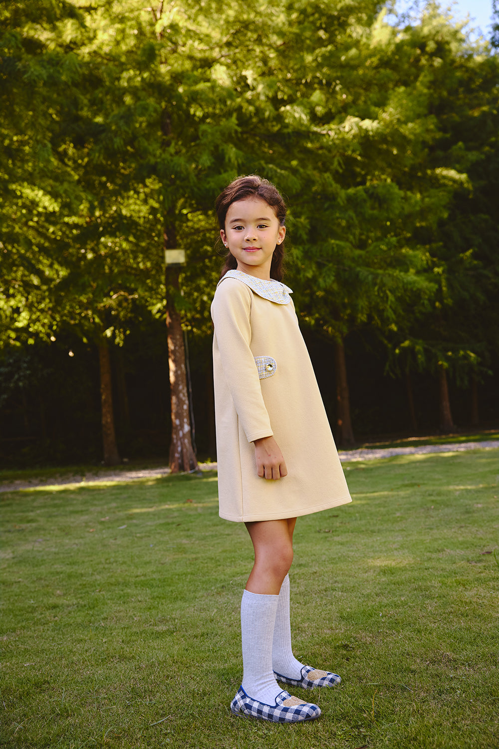 【預購】Luxury | 女童 Rustle Bow領結洋裝 | 長袖不對稱大小領 毛呢拼接 鑲邊