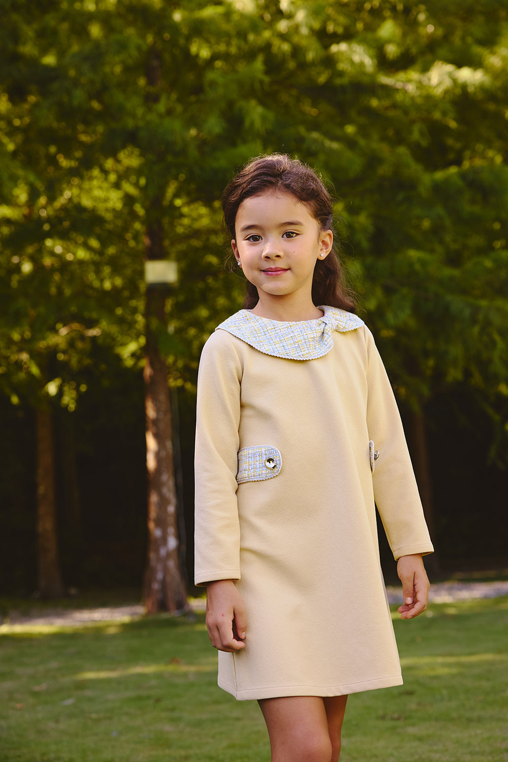 【預購】Luxury | 女童 Rustle Bow領結洋裝 | 長袖不對稱大小領 毛呢拼接 鑲邊