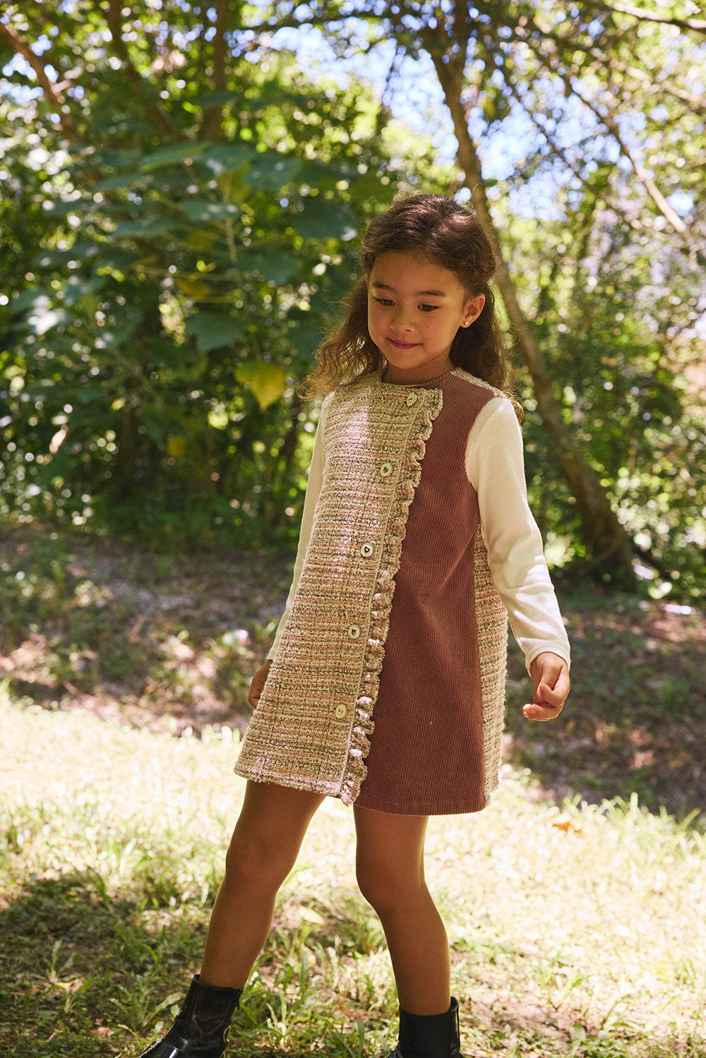 【預購】Luxury | 女童 Frosted Knit背心洋裝 | 無袖毛呢拼接 荷葉 小圓領
