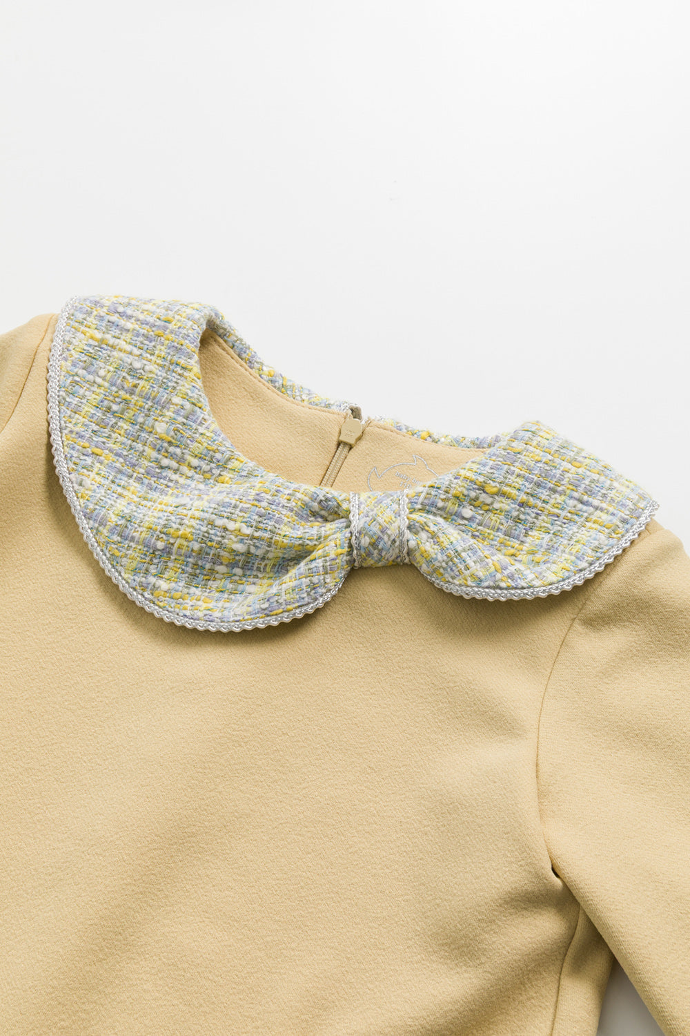 【預購】Luxury | 女童 Rustle Bow領結洋裝 | 長袖不對稱大小領 毛呢拼接 鑲邊