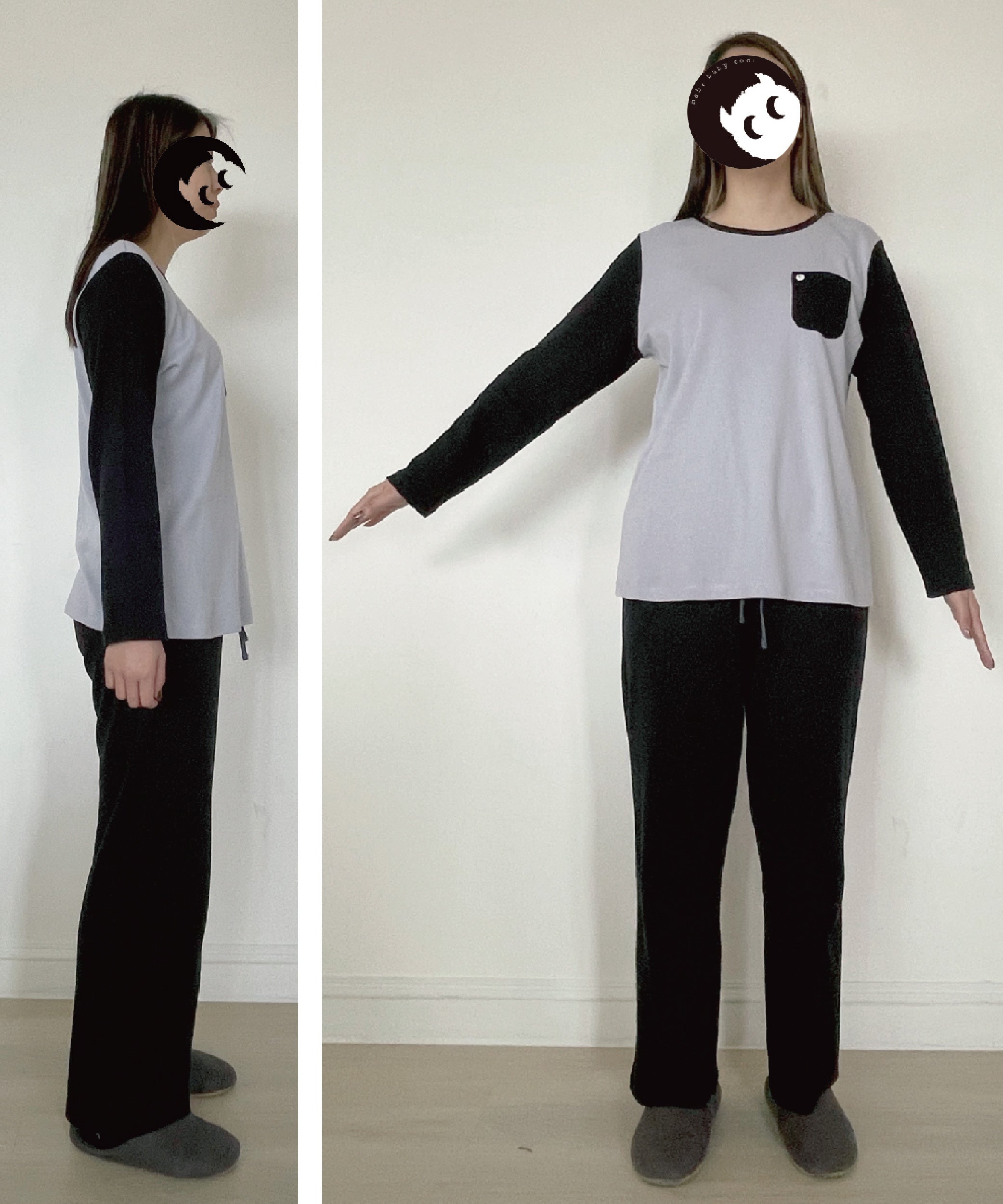 Basic | 成人 100%有機棉居家套組-女士(黑灰) | 拼接 | 100% 有機棉