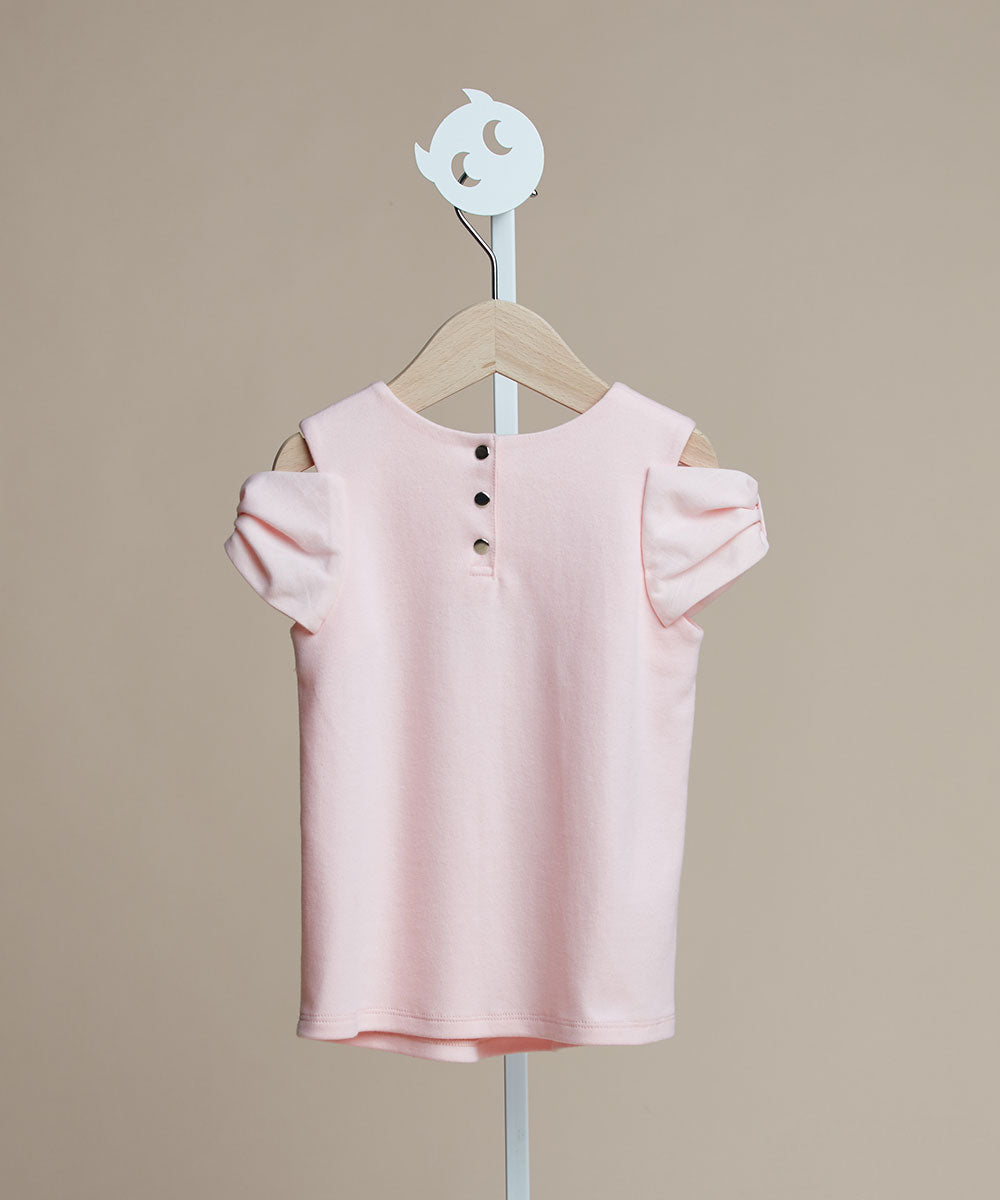 Three-dimensional bow off-shoulder top