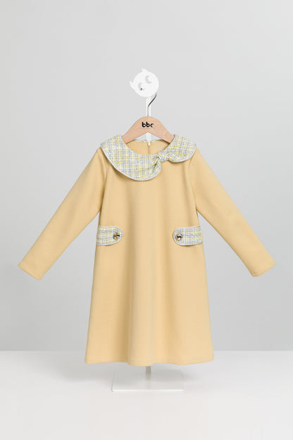 【預購】Luxury | 女童 Rustle Bow領結洋裝 | 長袖不對稱大小領 毛呢拼接 鑲邊
