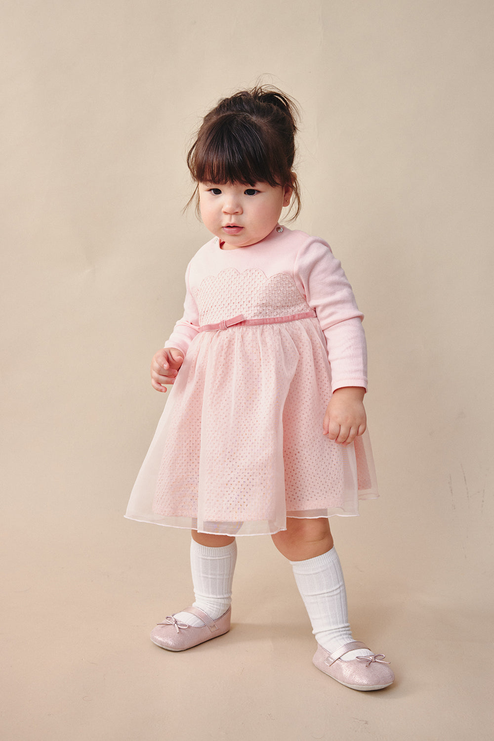 Luxury | 幼兒 Tulle Tale包屁洋裝 | 長袖花瓣 蝴蝶結 多層次