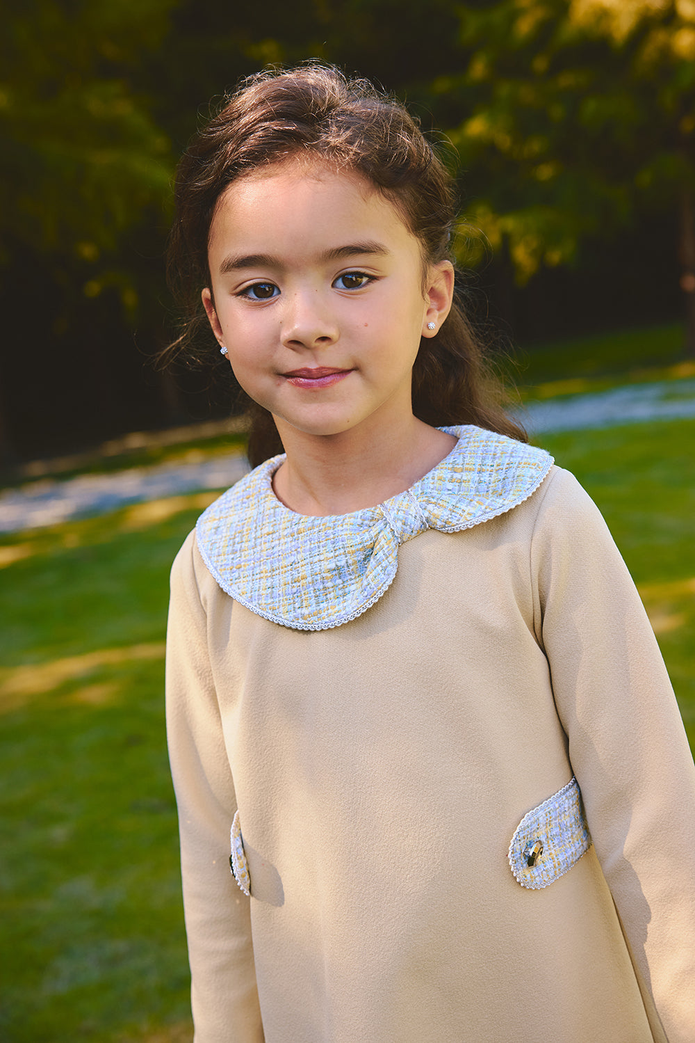 Luxury | 女童 Rustle Bow領結洋裝 | 長袖不對稱大小領 毛呢拼接 鑲邊