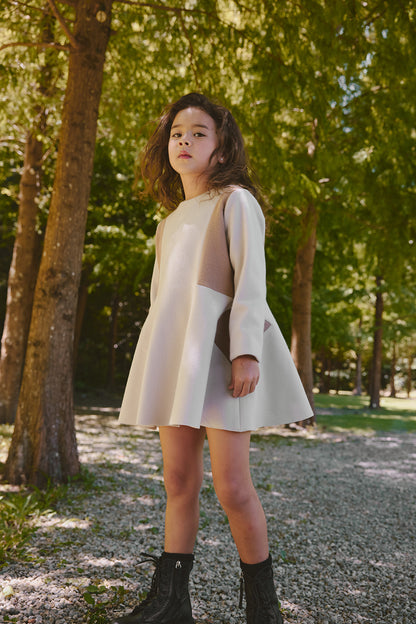 【預購】Luxury | 女童 脇邊剪接小洋裝 | 長袖毛呢拼接 幾何 立體剪裁