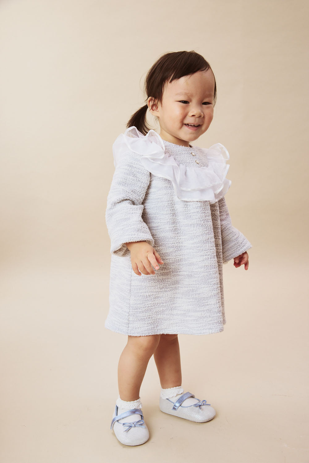 Luxury | 幼兒 Beatrice 紋理面料雙層荷葉領長袖洋裝