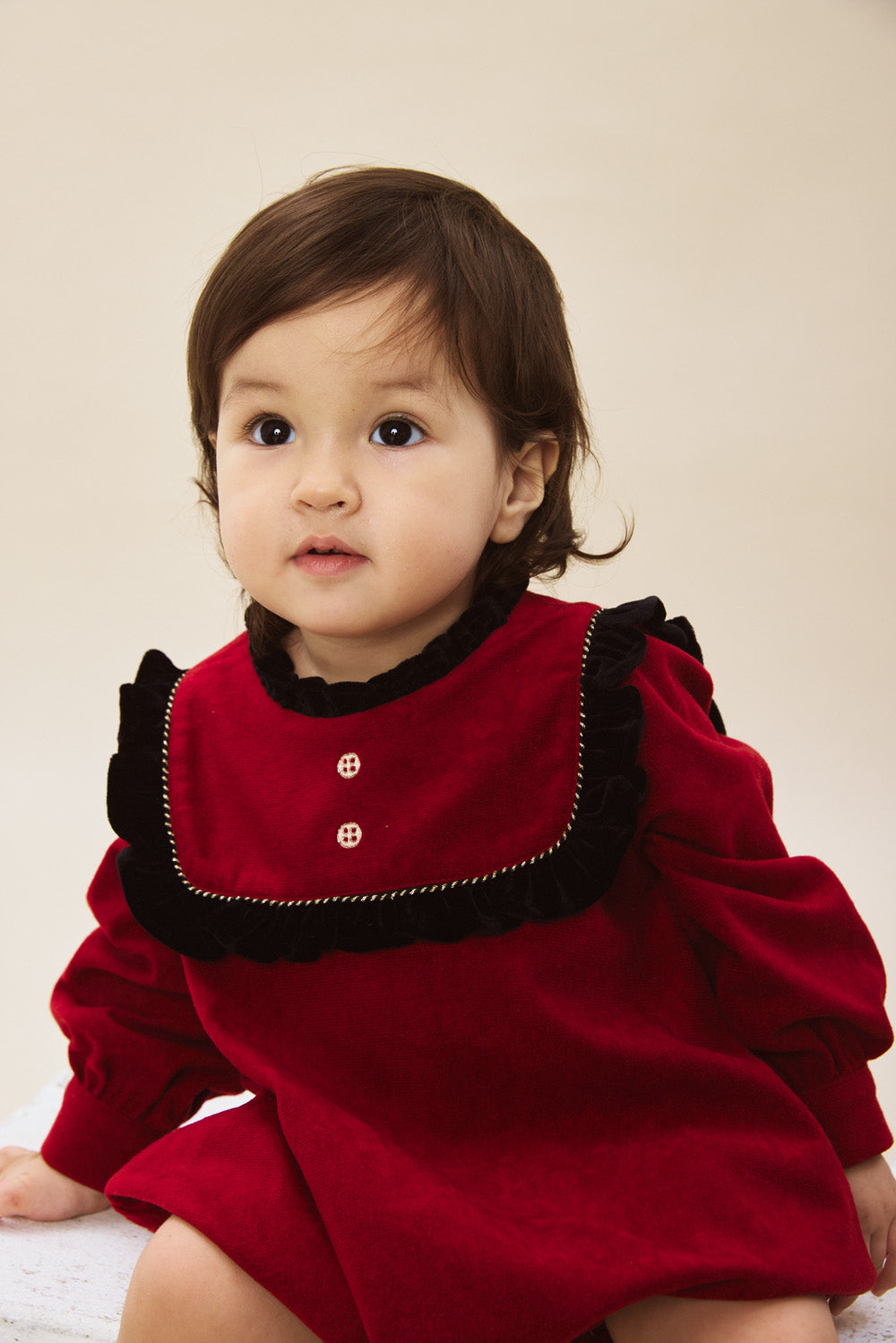 Luxury | 幼兒 Winter Tale 絨質荷葉領織帶拼接長袖連身兔裝