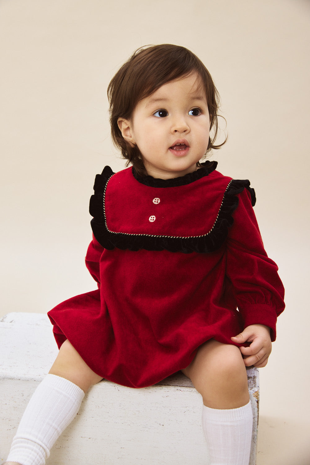 Luxury | 幼兒 Winter Tale 絨質荷葉領織帶拼接長袖連身兔裝