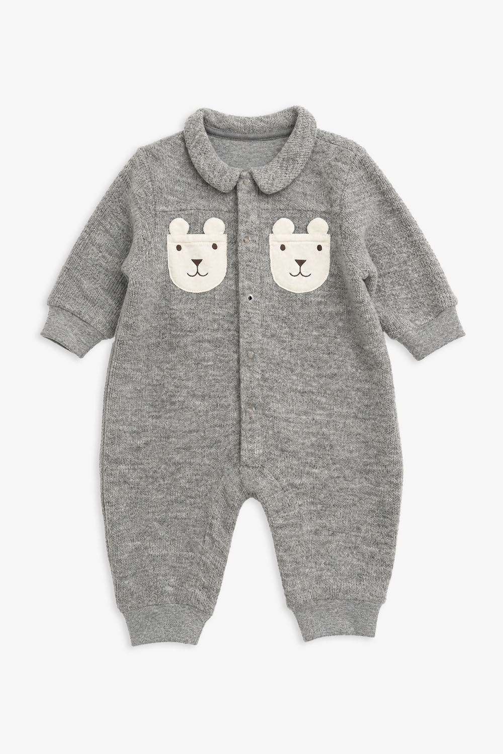 Luxury | Toddler Woodland Bear Textured Wool-Feel Pocket Long-Sleeve Romper