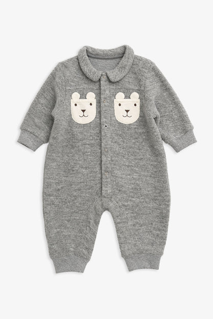 Luxury | Toddler Woodland Bear Textured Wool-Feel Pocket Long-Sleeve Romper