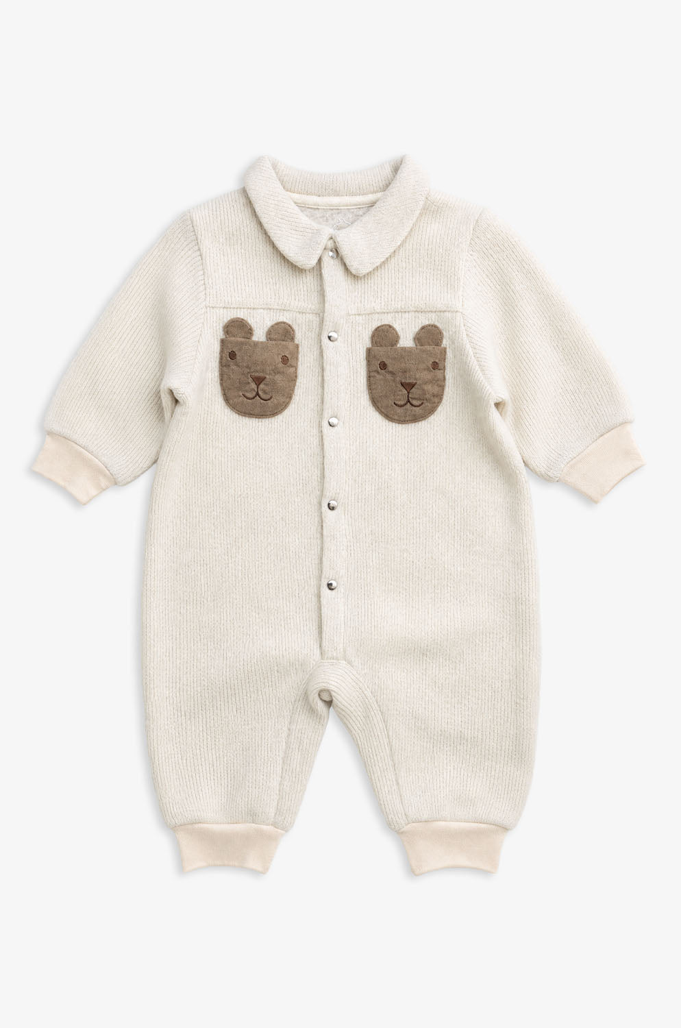 Luxury | Toddler Woodland Bear Textured Wool-Feel Pocket Long-Sleeve Romper