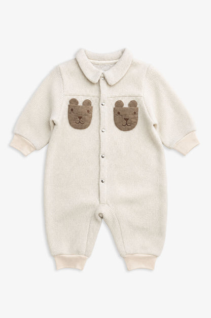Luxury | Toddler Woodland Bear Textured Wool-Feel Pocket Long-Sleeve Romper
