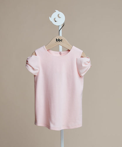 Three-dimensional bow off-shoulder top
