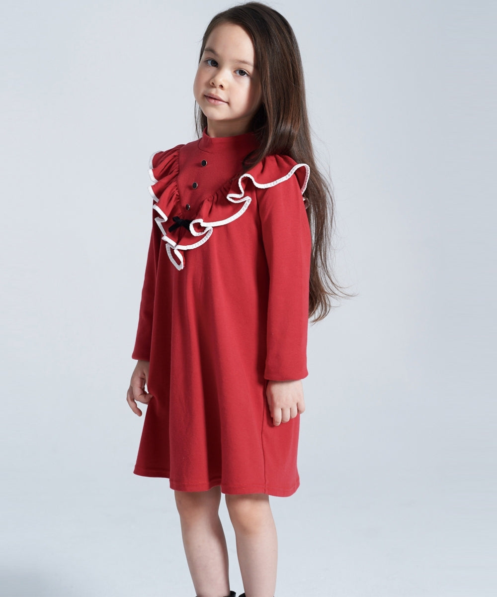 Rose Red Small Stand Collar Lotus Leaf Dress