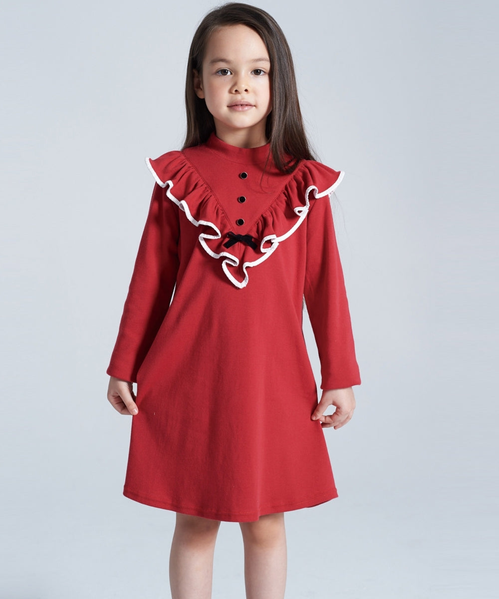 Rose Red Small Stand Collar Lotus Leaf Dress