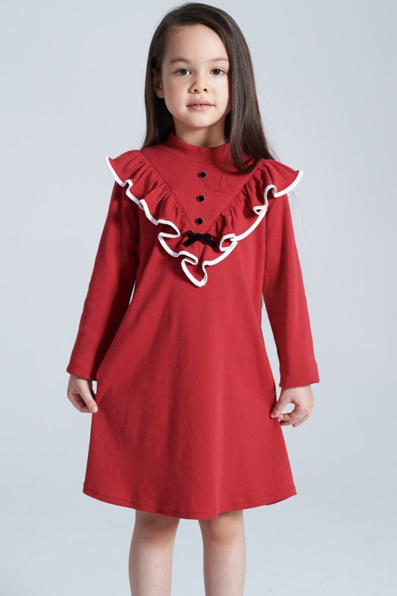 Main | Girls Rose Red Small Stand Collar Lotus Leaf Dress | Lotus Leaf | 100% Organic Cotton