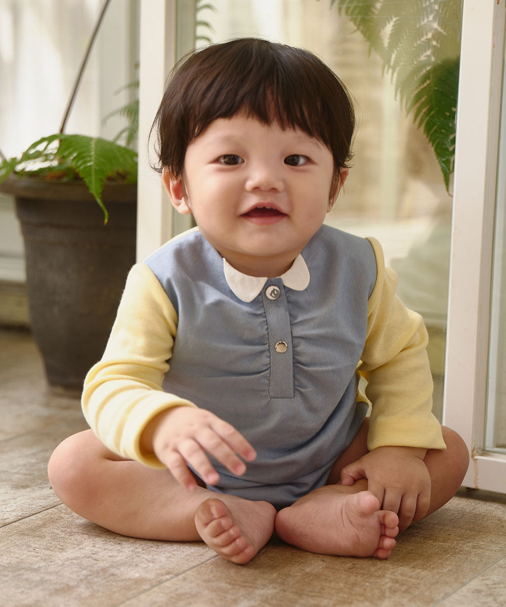 Main | Toddler Elegant Denim Panelled Bodysuit | Panelled | 100% organic cotton